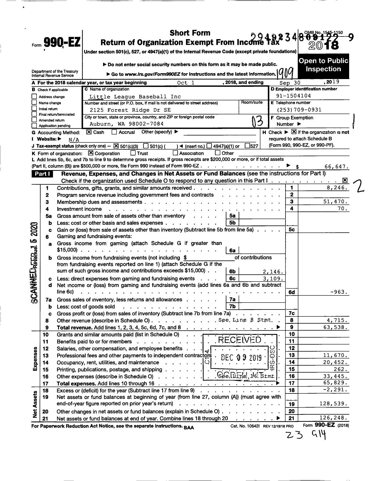 Image of first page of 2018 Form 990EZ for Little League Baseball - 4471012 Auburn LL