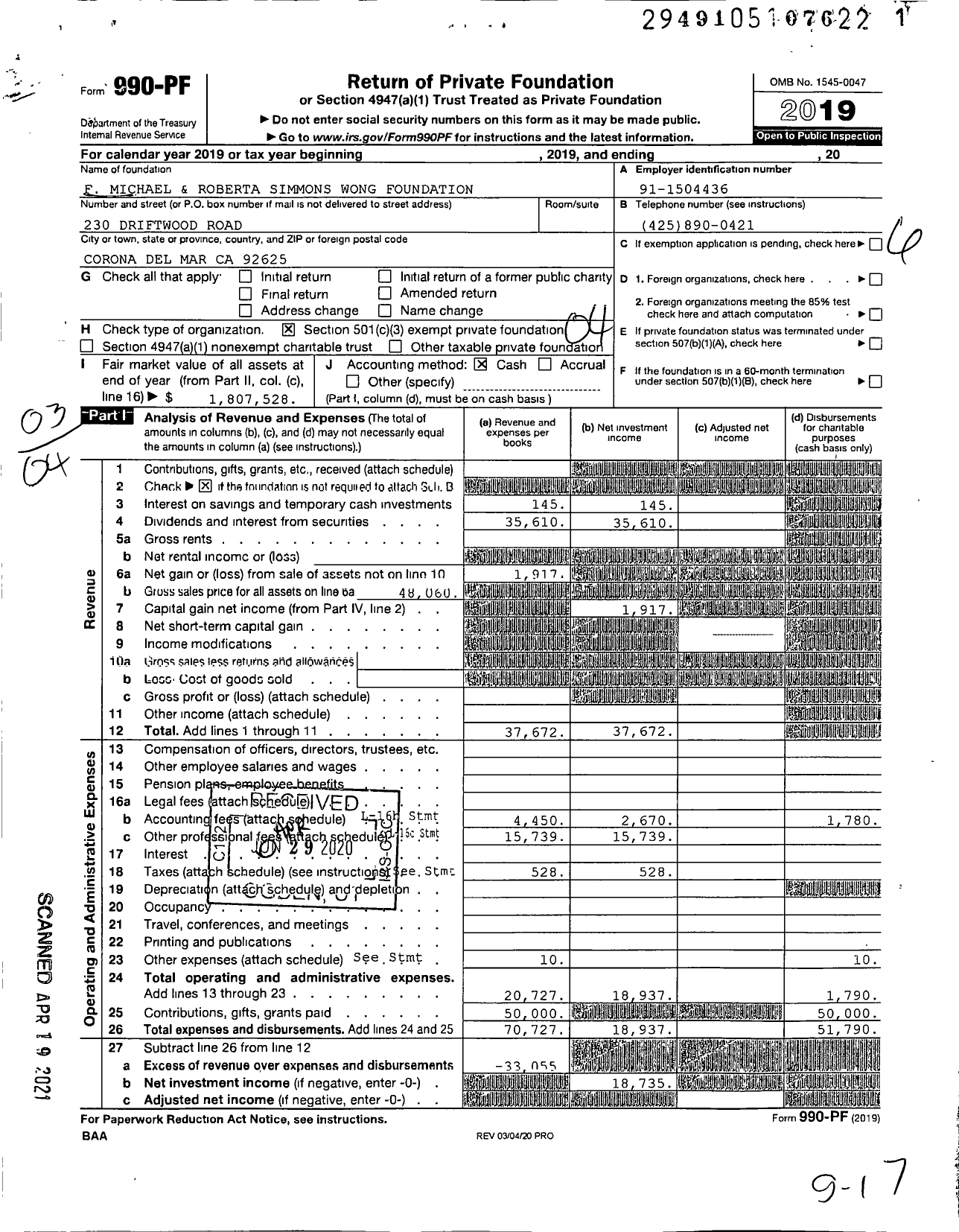 Image of first page of 2019 Form 990PF for F Michael and Roberta Simmons Wong Foundation