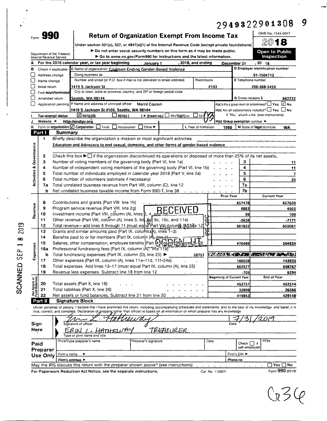 Image of first page of 2018 Form 990 for Coalition Ending Gender-Based Violence