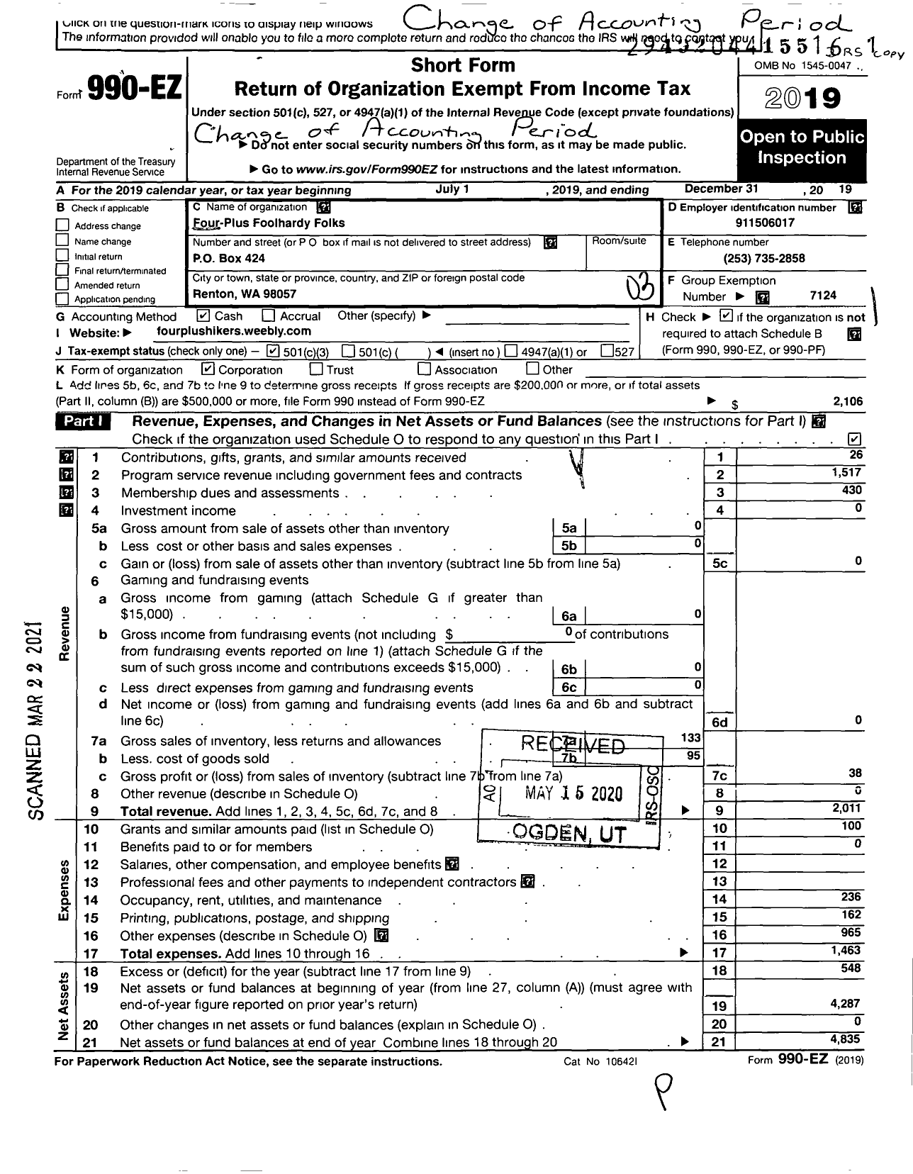 Image of first page of 2019 Form 990EZ for American Volkssport Association - 534 Four Plus Foolhardy Folks