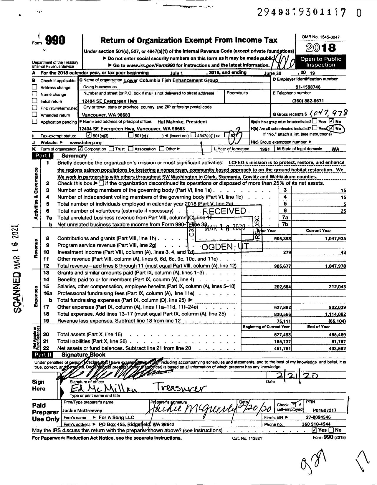 Image of first page of 2018 Form 990 for Lower Columbia Fish Enhancement (LCFEG)