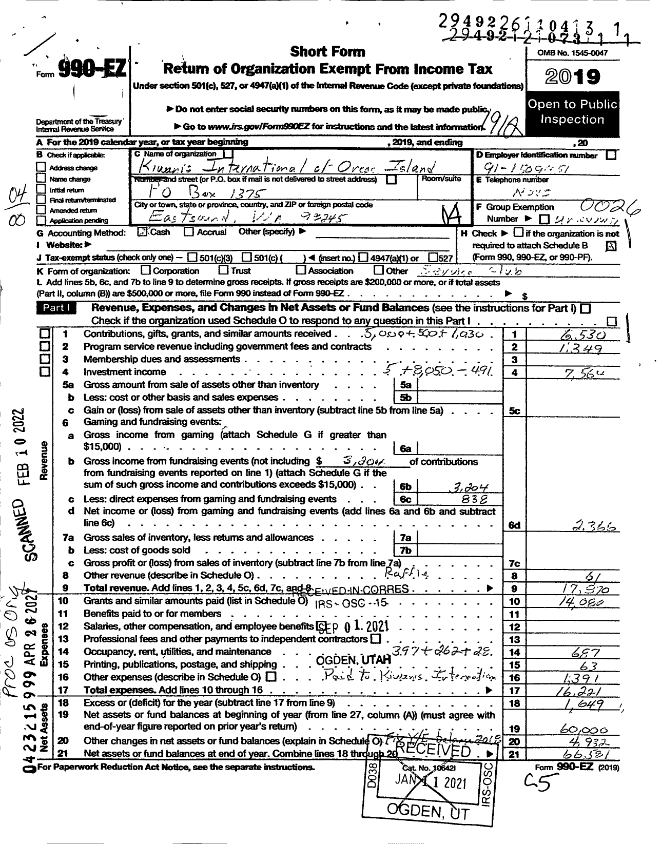 Image of first page of 2019 Form 990EO for Kiwanis International - K13056 Orcas Island