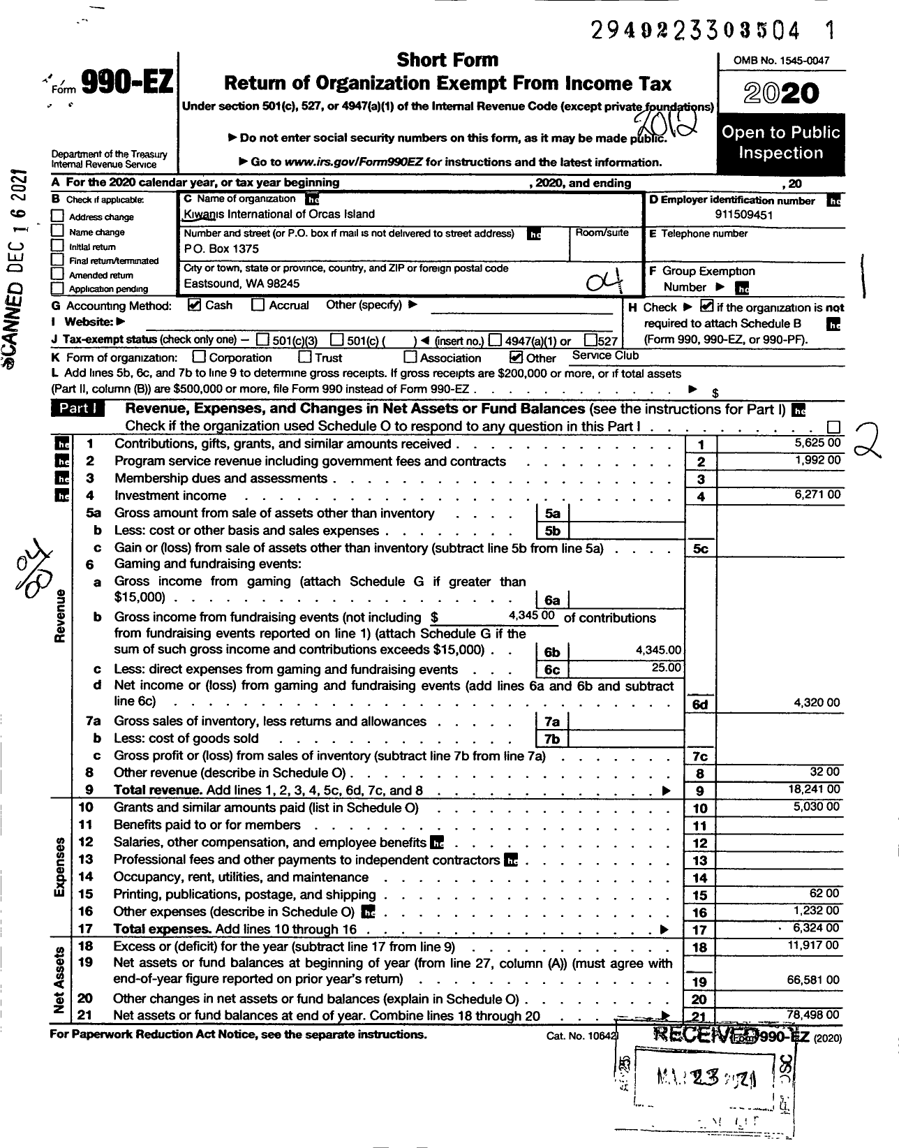 Image of first page of 2020 Form 990EO for Kiwanis International - K13056 Orcas Island