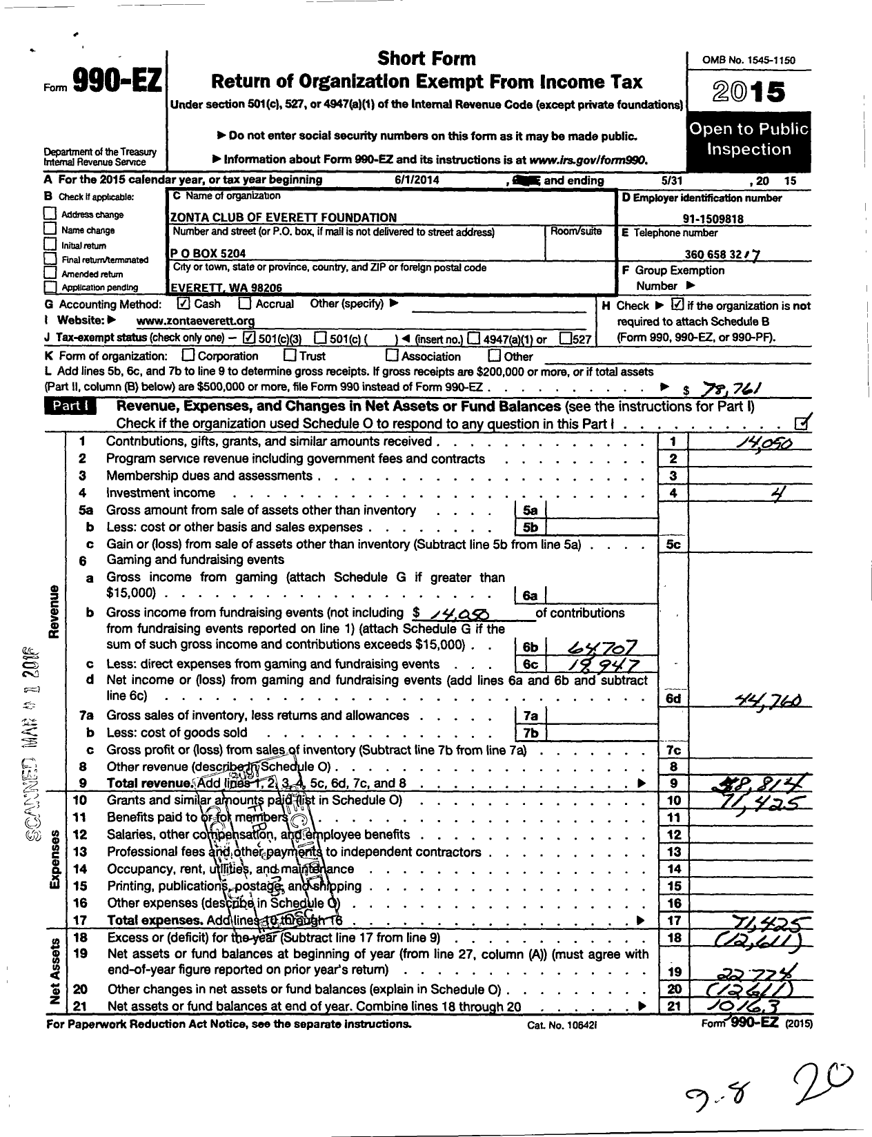 Image of first page of 2014 Form 990EZ for Zonta Club of Everett Foundation