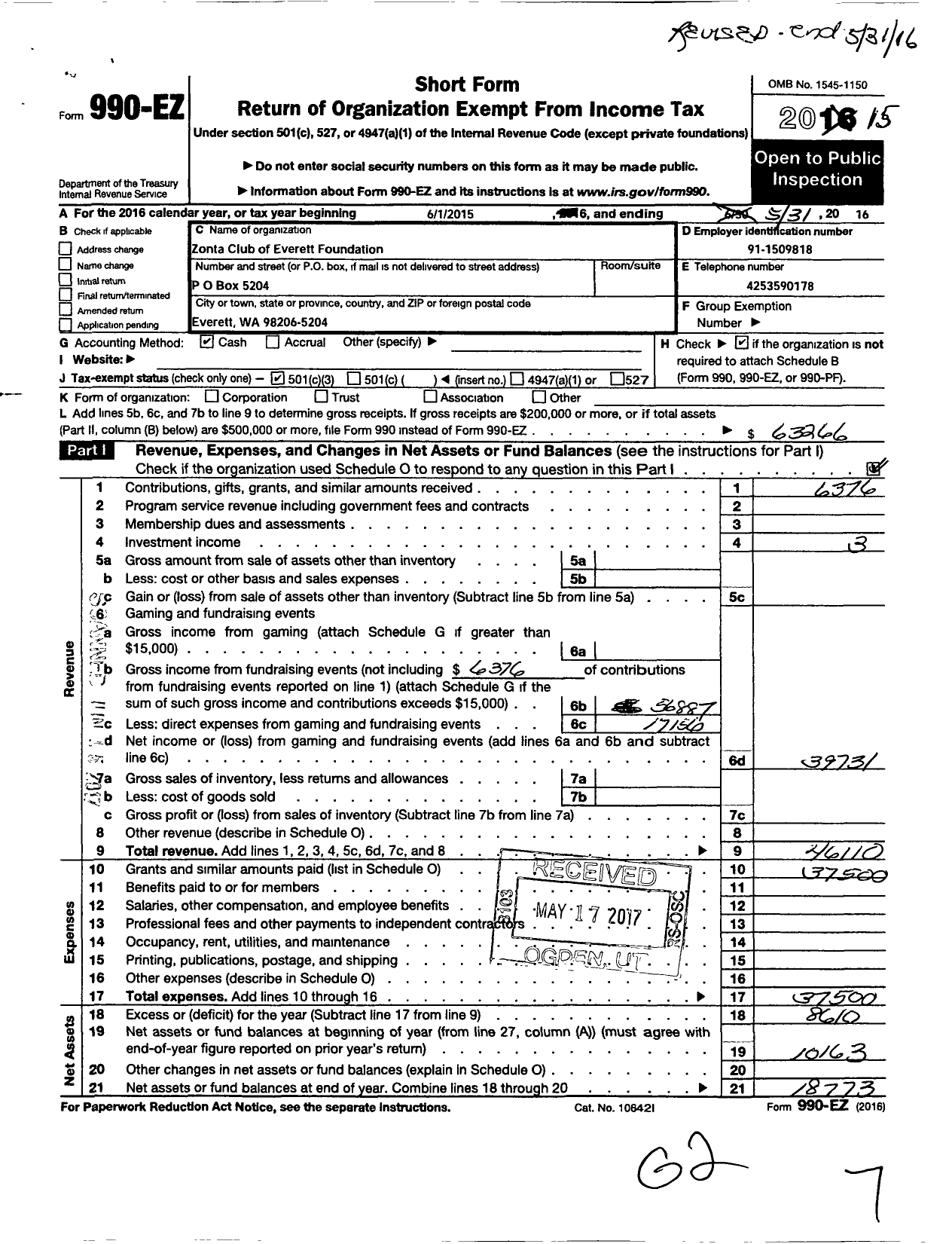 Image of first page of 2015 Form 990EZ for Zonta Club of Everett Foundation