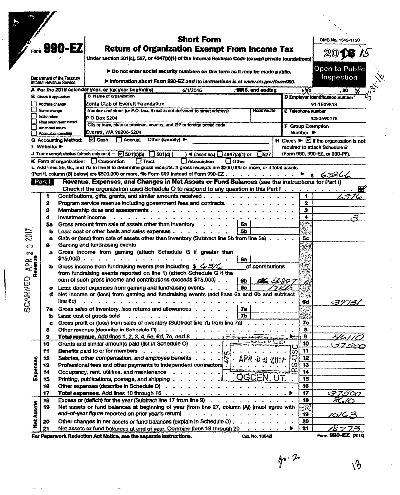 Image of first page of 2015 Form 990EZ for Zonta Club of Everett Foundation