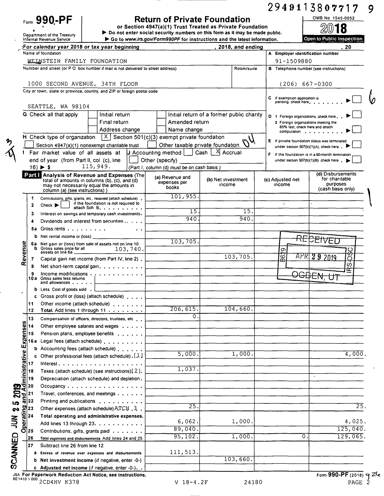 Image of first page of 2018 Form 990PF for Weinstein Family Foundation