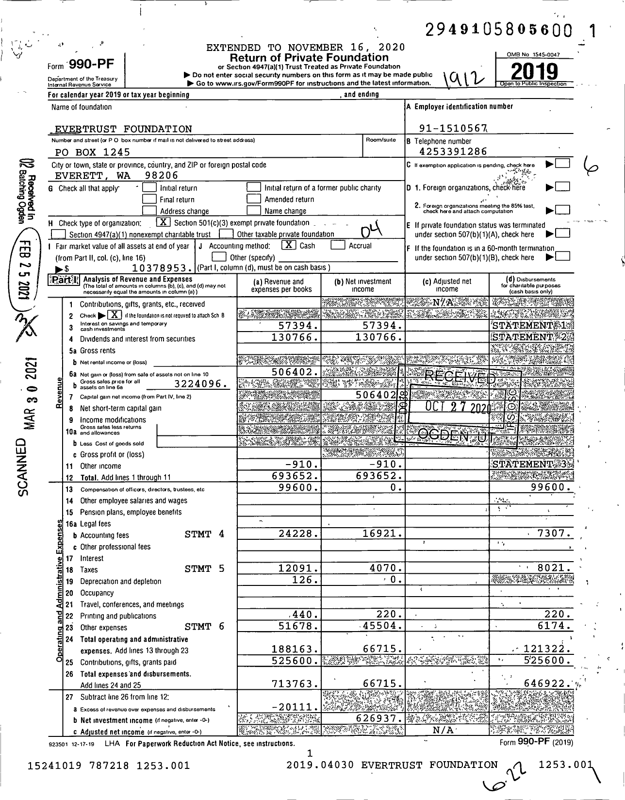 Image of first page of 2019 Form 990PF for Evertrust Foundation