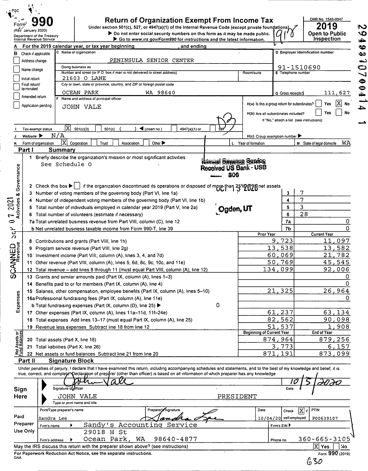 Image of first page of 2019 Form 990 for Peninsula Senior Activity Center