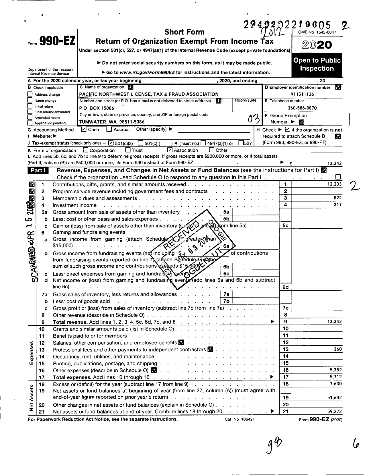 Image of first page of 2020 Form 990EZ for Pacific Northwest License Tax and Fraud Association