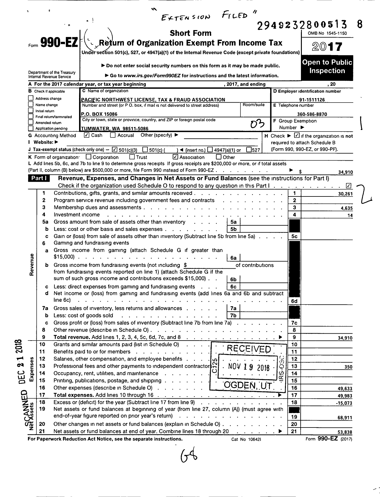 Image of first page of 2017 Form 990EZ for Pacific Northwest License Tax and Fraud Association