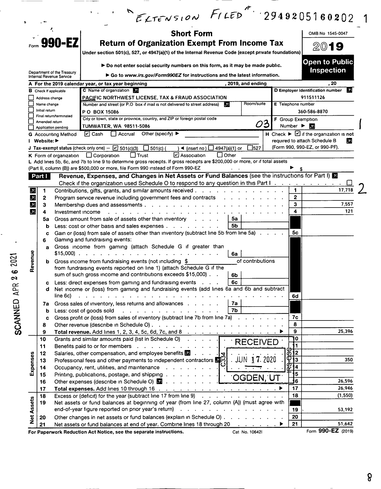 Image of first page of 2019 Form 990EZ for Pacific Northwest License Tax and Fraud Association