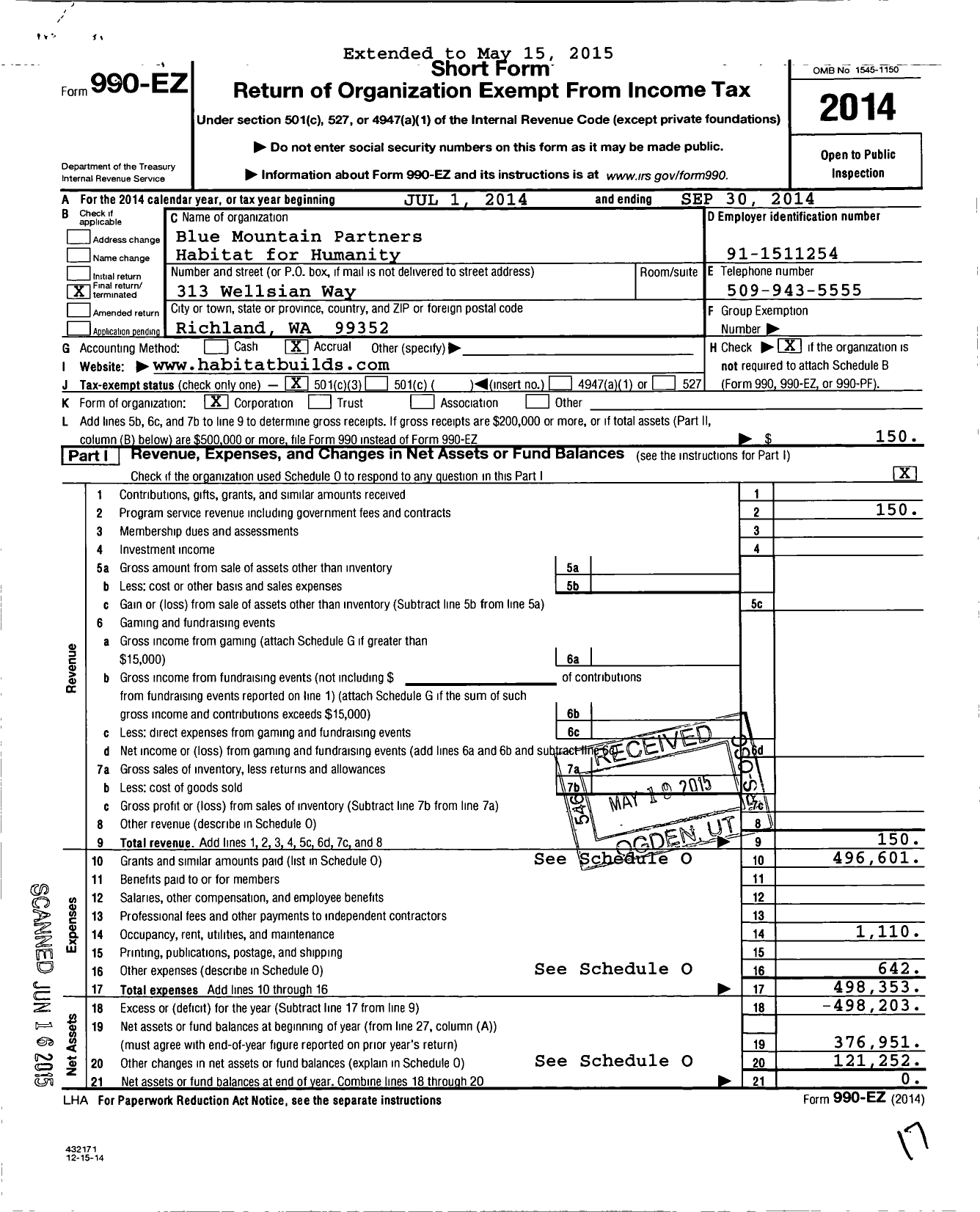 Image of first page of 2013 Form 990EZ for Habitat for Humanity International Blue Mountain Partners