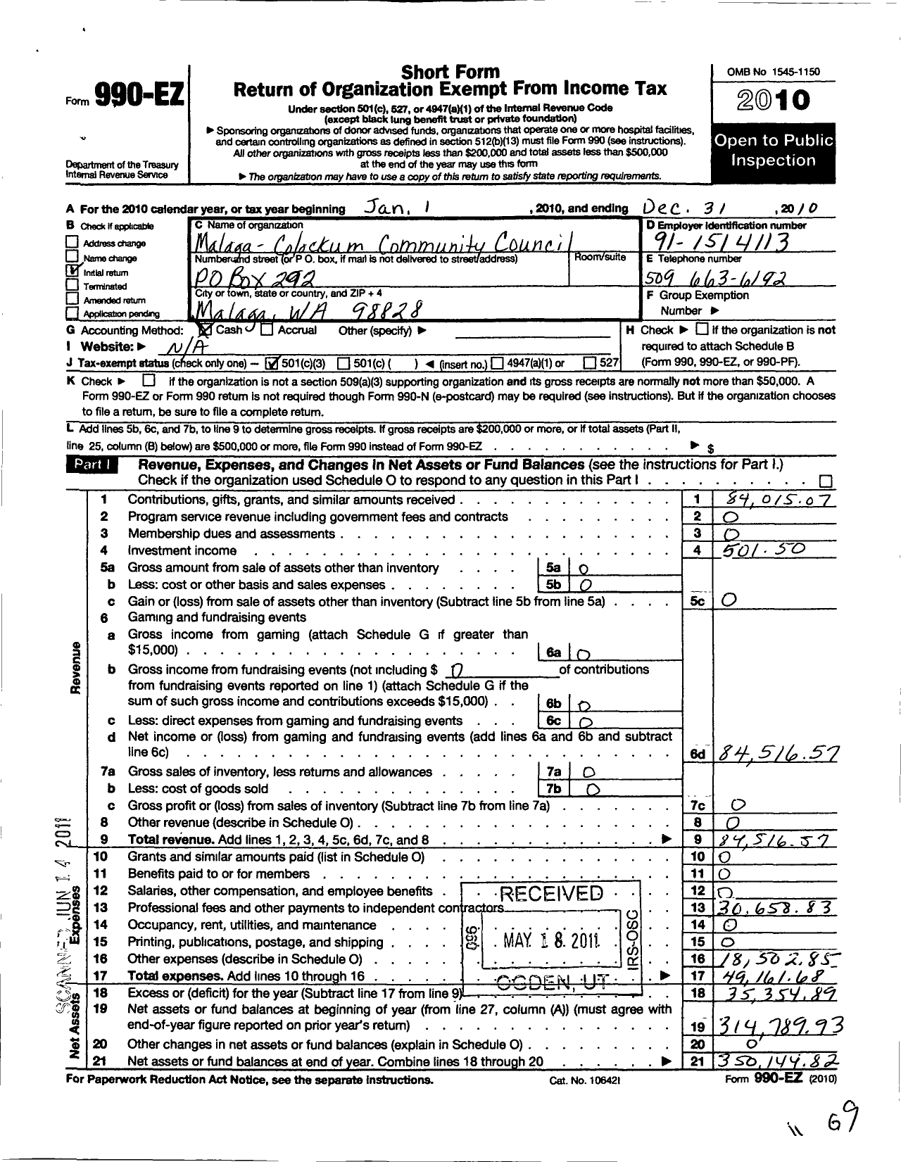 Image of first page of 2010 Form 990EZ for Malaga-Colockum Community Council