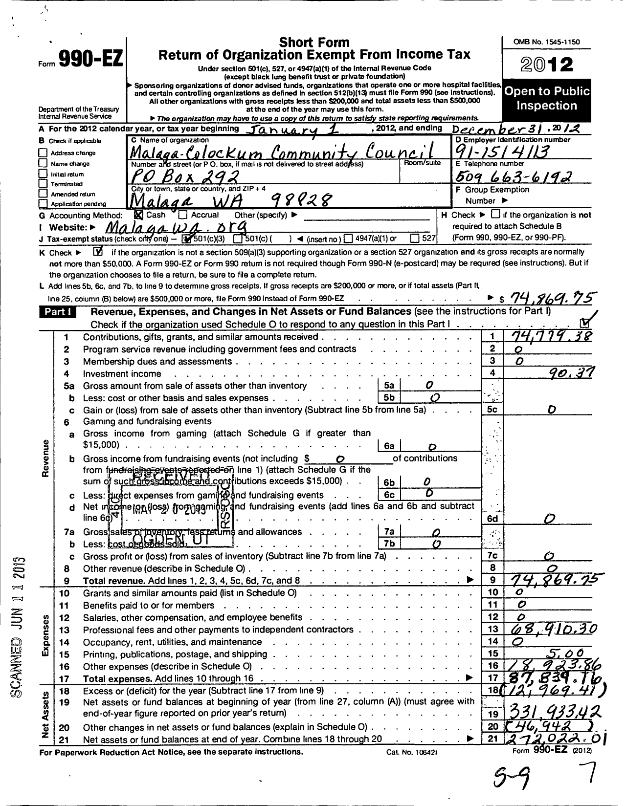 Image of first page of 2012 Form 990EZ for Malaga-Colockum Community Council