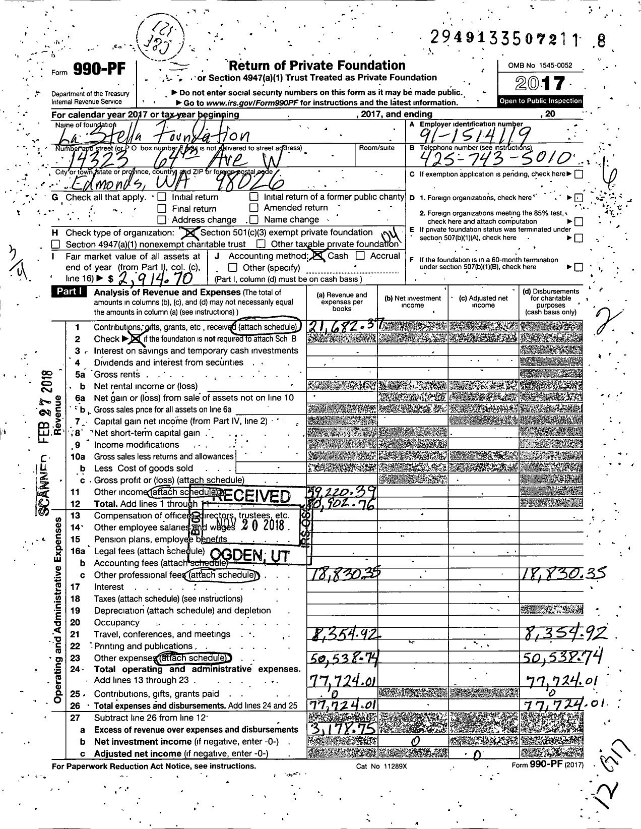 Image of first page of 2017 Form 990PF for La Stella Foundation