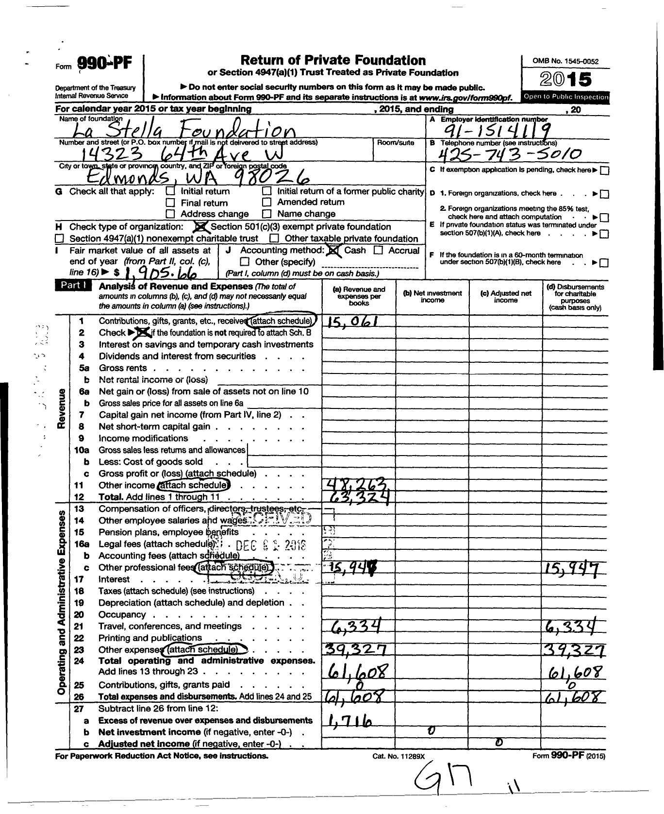 Image of first page of 2015 Form 990PF for La Stella Foundation