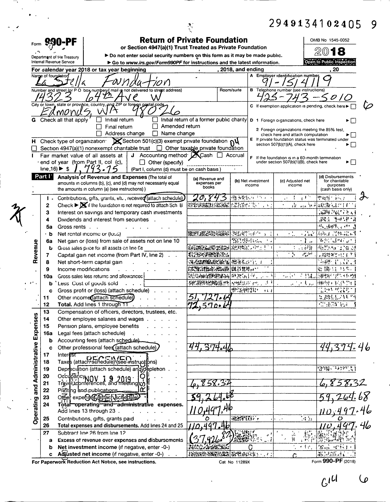 Image of first page of 2018 Form 990PF for La Stella Foundation