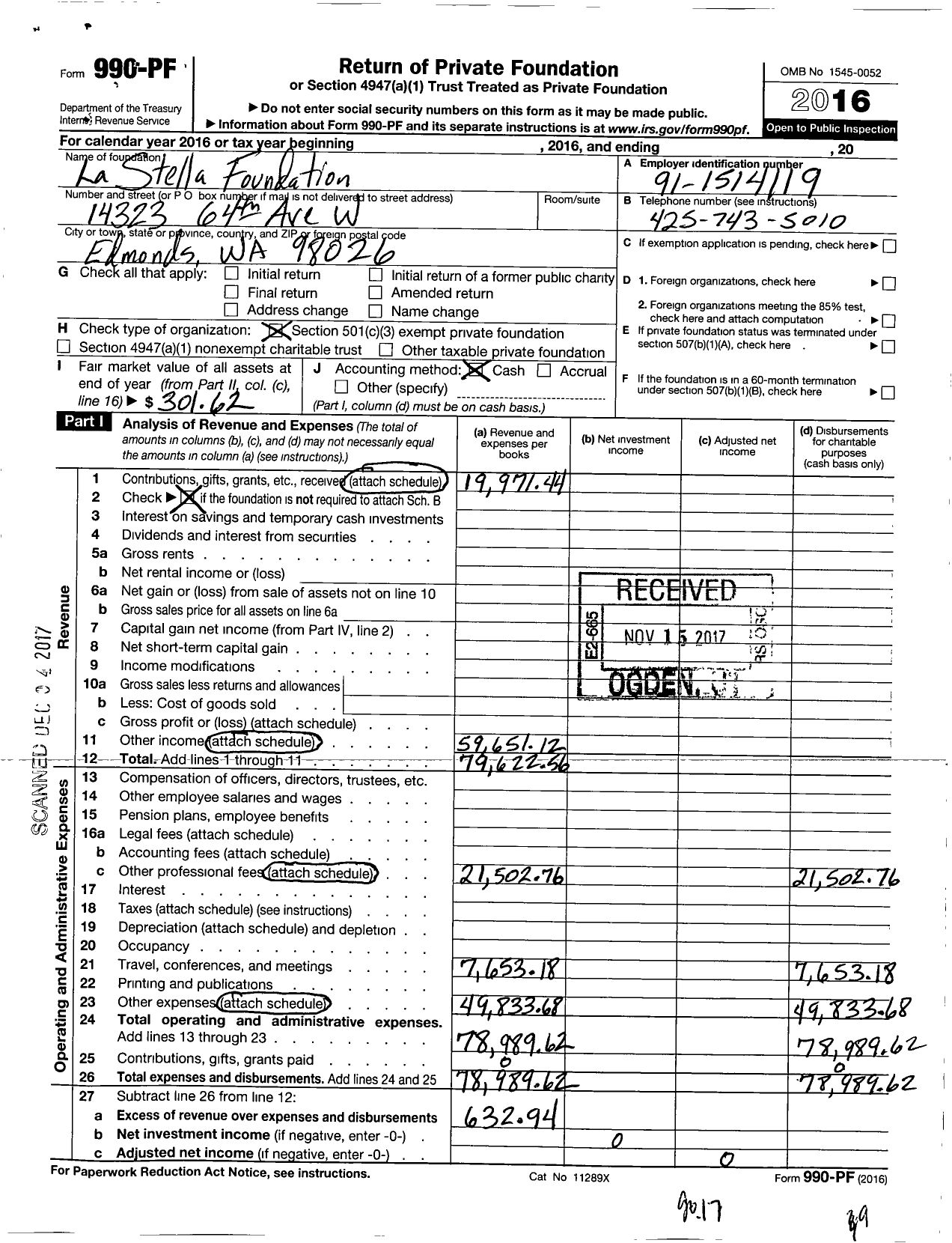 Image of first page of 2016 Form 990PF for La Stella Foundation