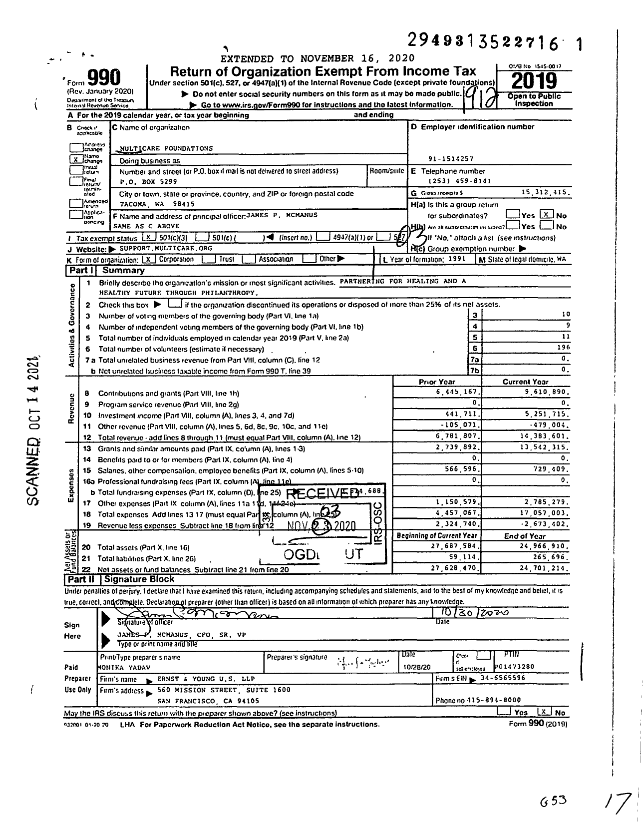 Image of first page of 2019 Form 990 for MultiCare Health Foundation