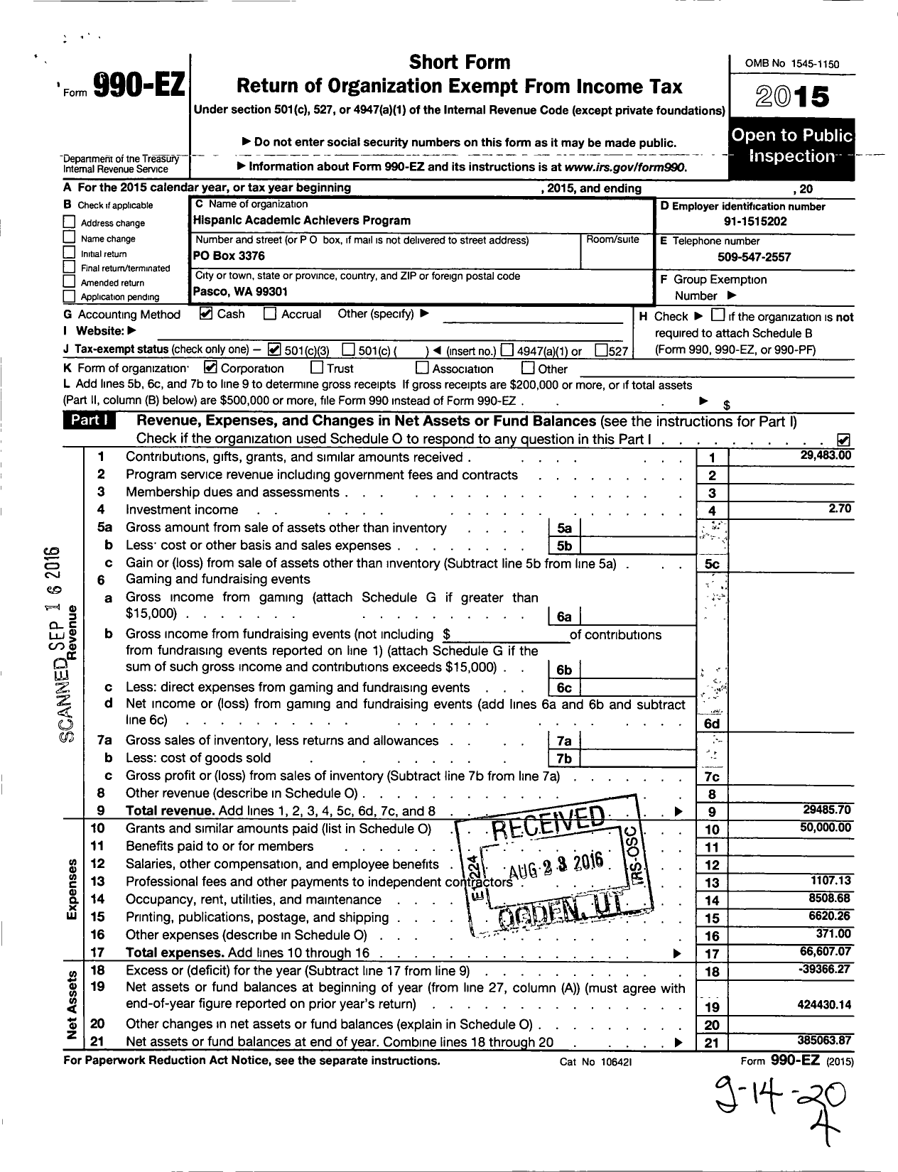 Image of first page of 2015 Form 990EZ for Hispanic Academic Achievers Program (HAAP)