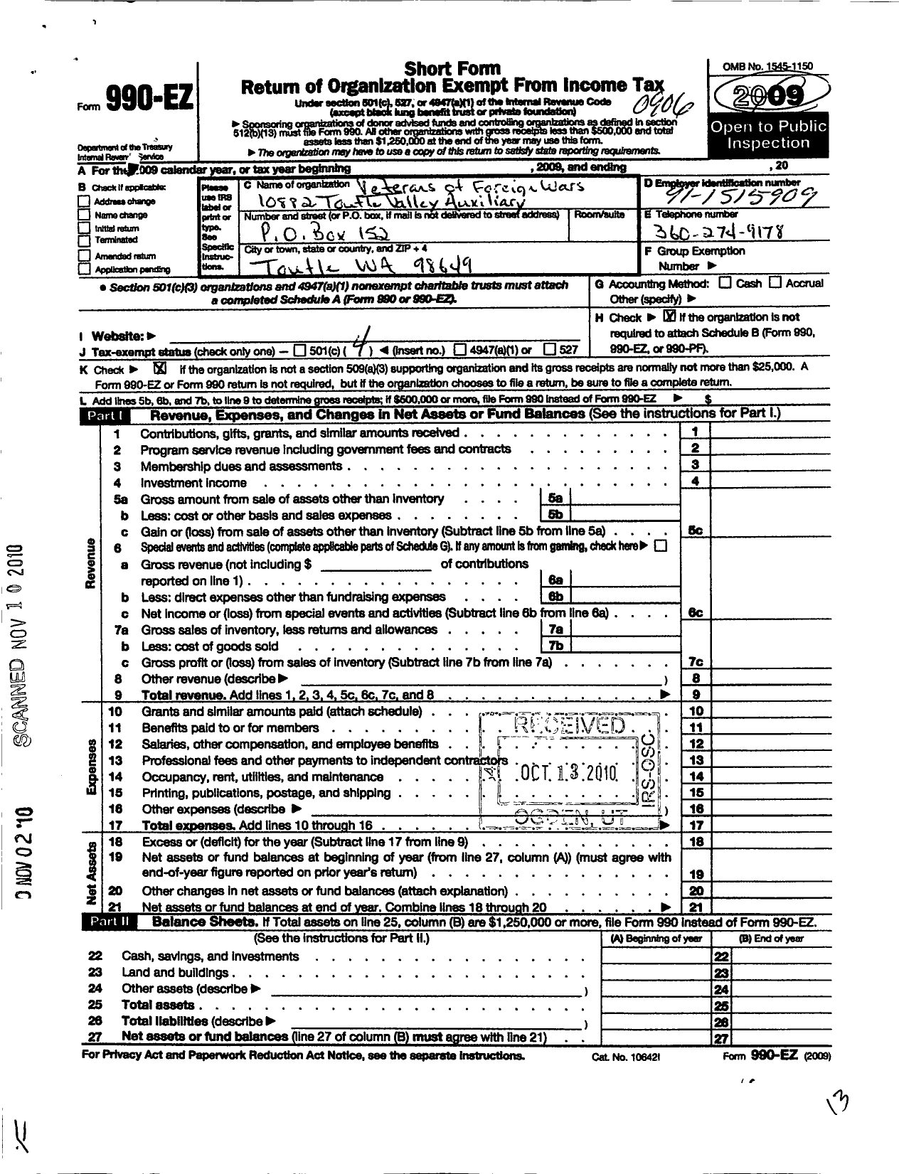 Image of first page of 2008 Form 990EO for VFW Department of Washington - 10882 VFW Auxiliary To Toutle Valle