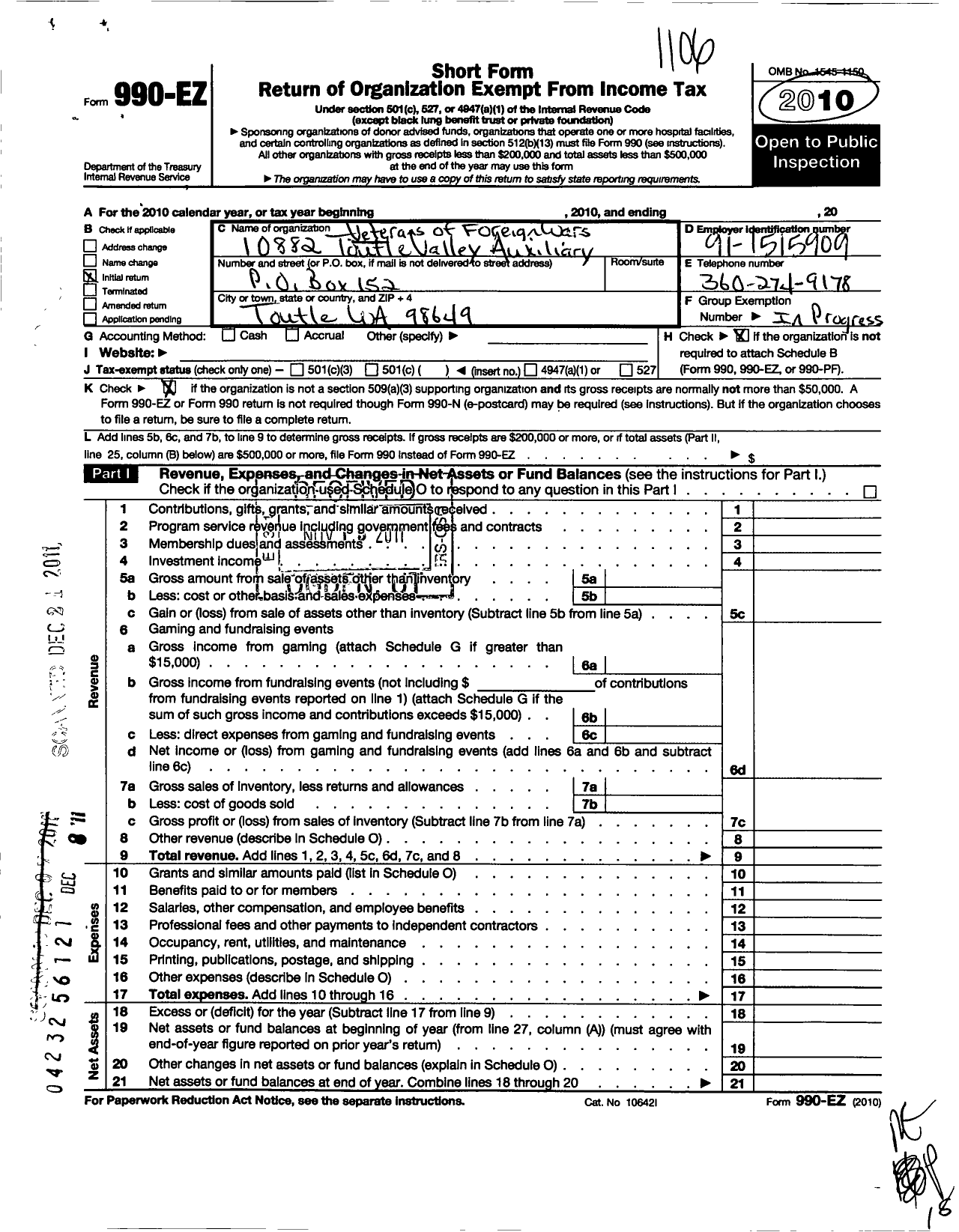 Image of first page of 2010 Form 990EO for VFW Department of Washington - 10882 VFW Auxiliary To Toutle Valle