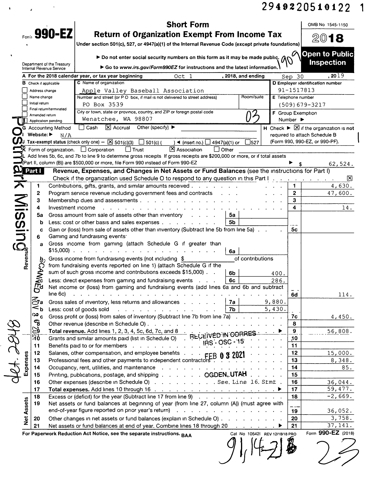 Image of first page of 2018 Form 990EZ for Apple Valley Baseball Association