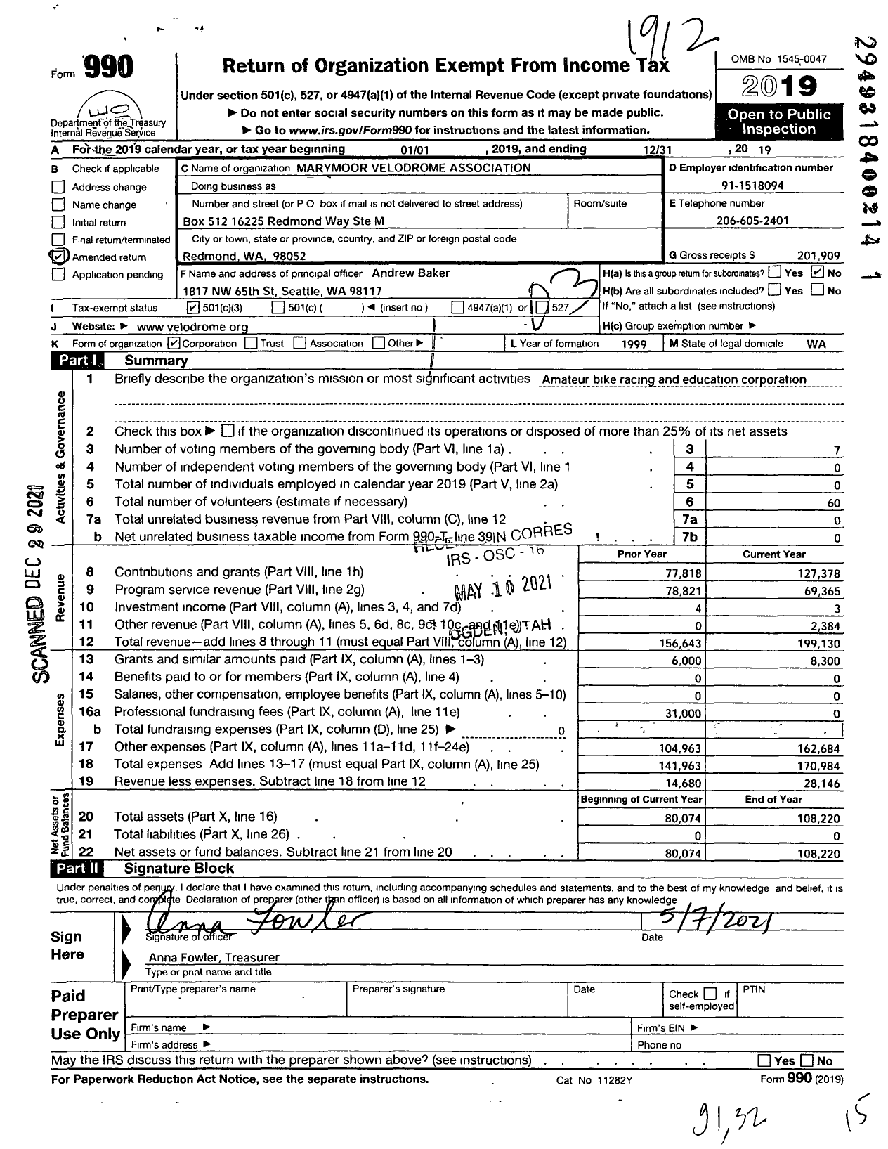 Image of first page of 2019 Form 990 for Marymoor Velodrome Association