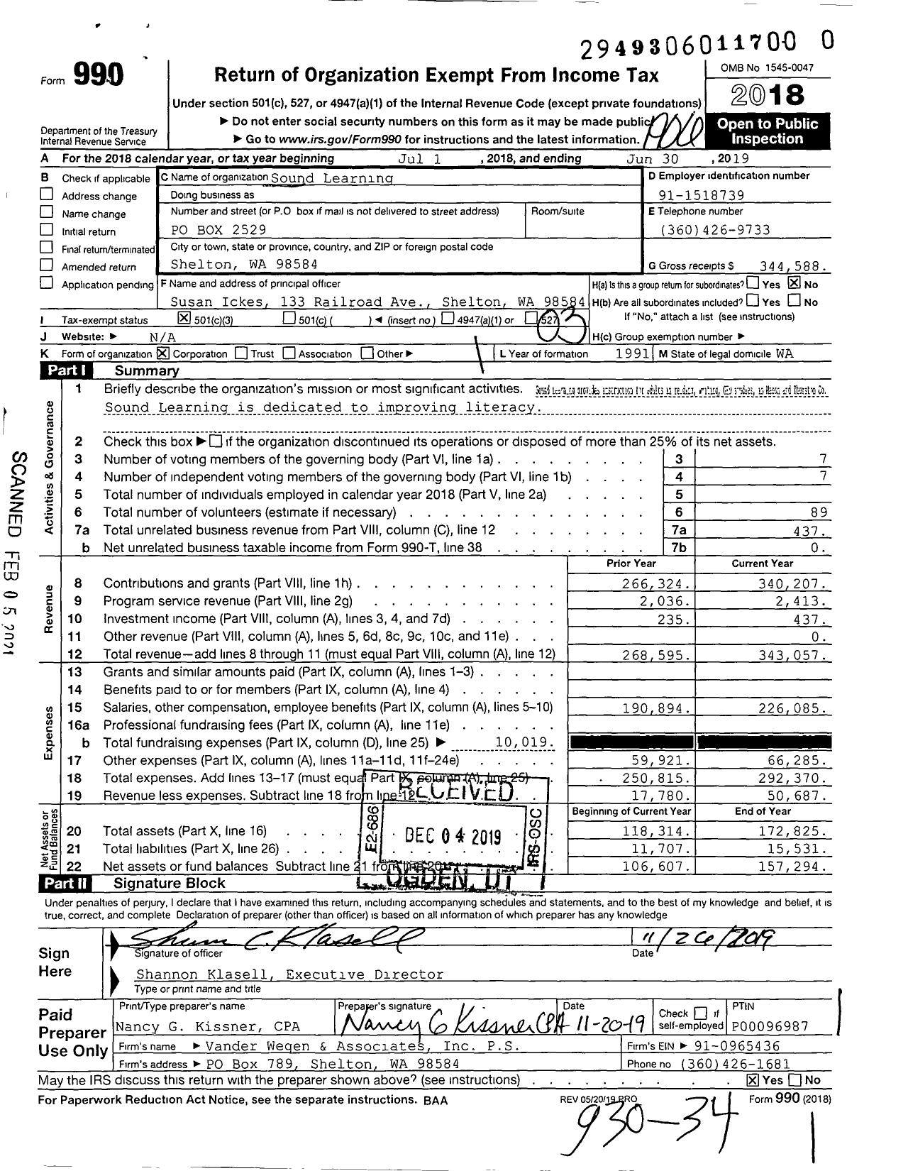 Image of first page of 2018 Form 990 for Sound Learning