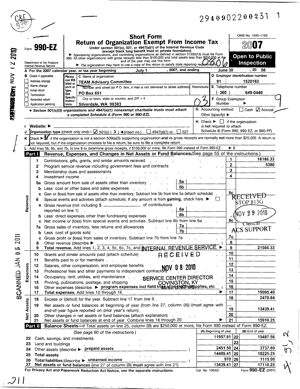 Image of first page of 2007 Form 990ER for Team Advisory Committee