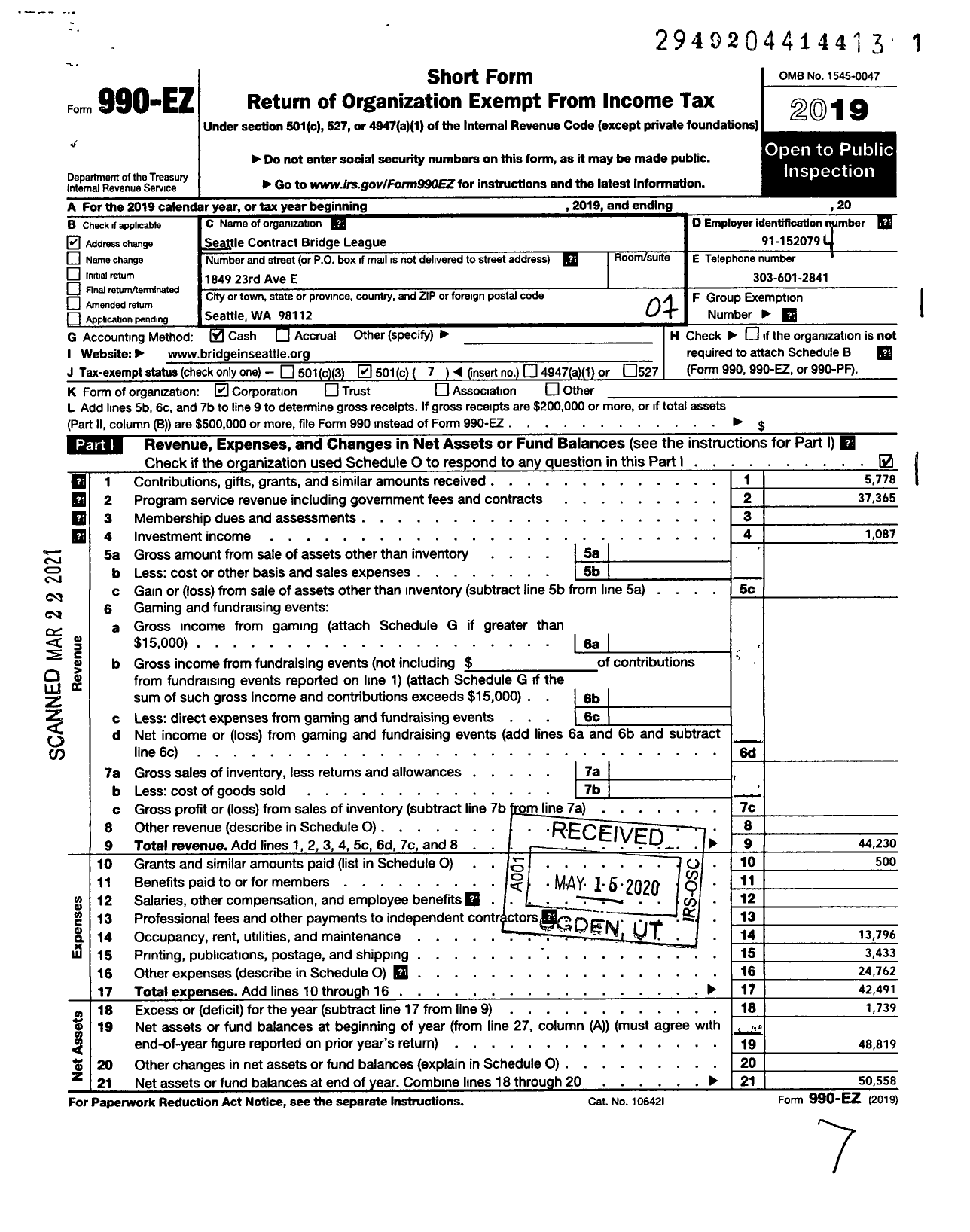 Image of first page of 2019 Form 990EO for Seattle Contract Bridge League