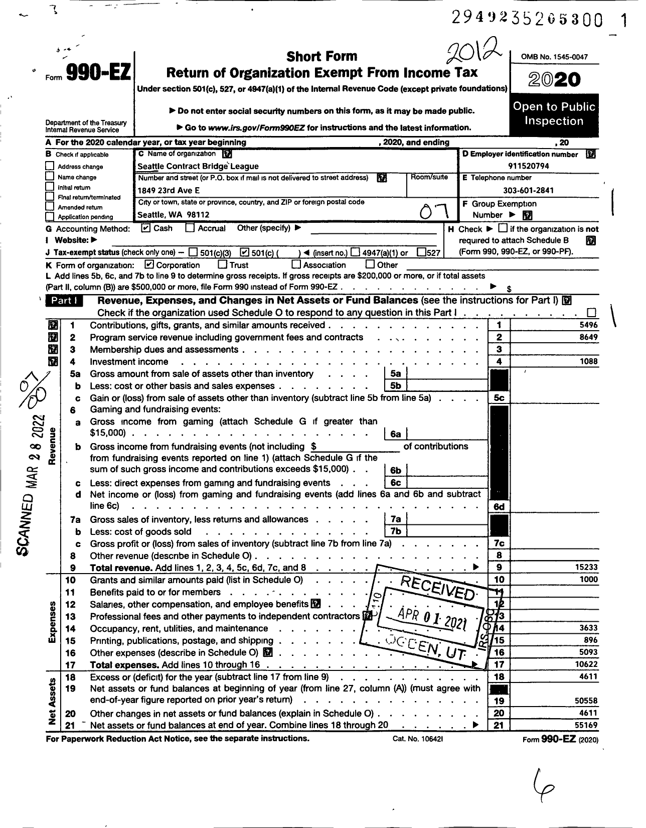 Image of first page of 2020 Form 990EO for Seattle Contract Bridge League