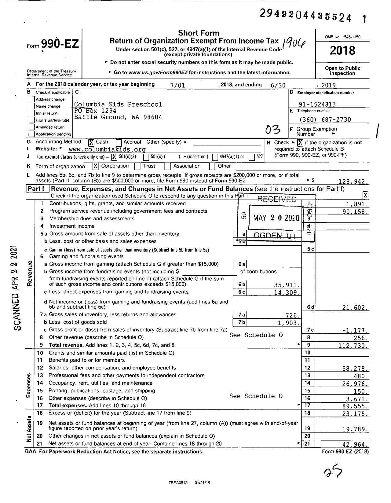 Image of first page of 2018 Form 990EZ for Columbia Kids Preschool