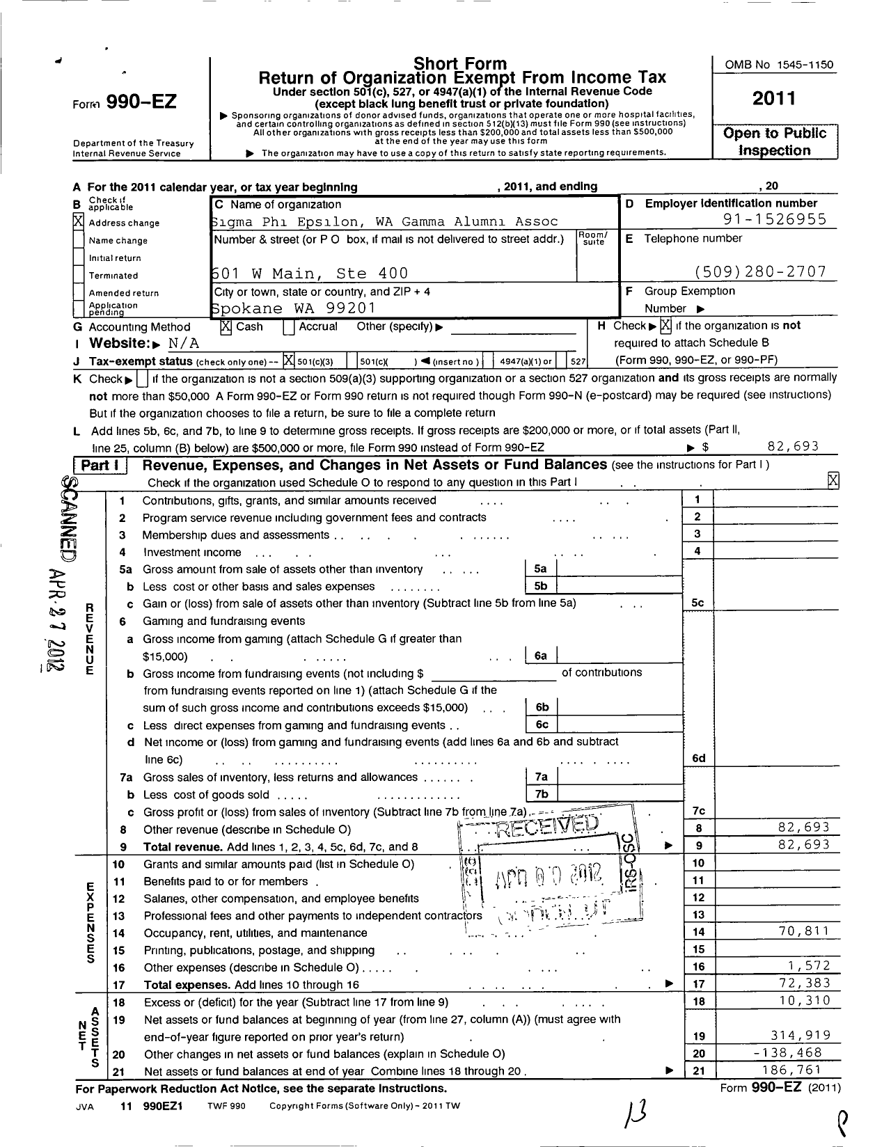 Image of first page of 2011 Form 990EZ for Sigma Phi Epsilon Washington Gamma Alumni Association