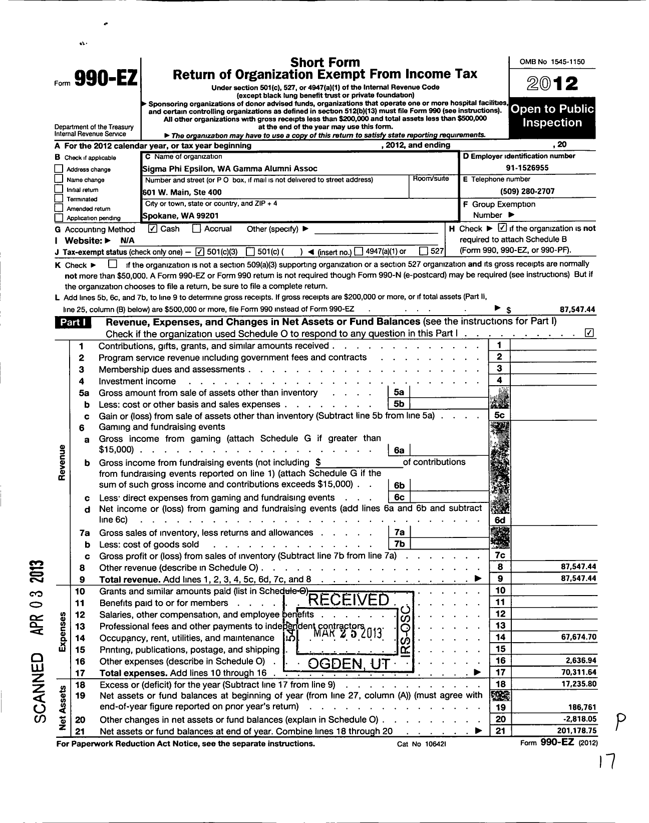 Image of first page of 2012 Form 990EZ for Sigma Phi Epsilon Washington Gamma Alumni Association