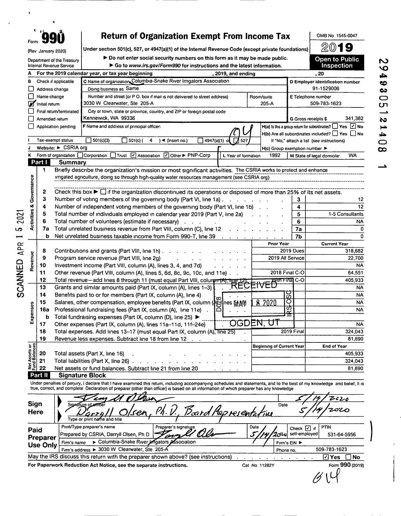 Image of first page of 2019 Form 990O for Columbia-Snake River Irrigators Association