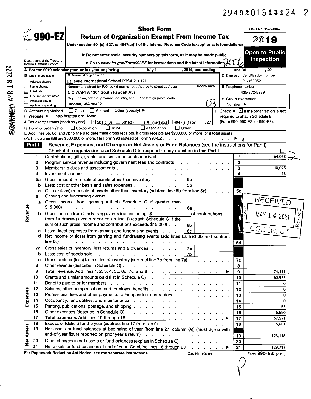 Image of first page of 2019 Form 990EZ for Bellevue International School Ptsa 23121