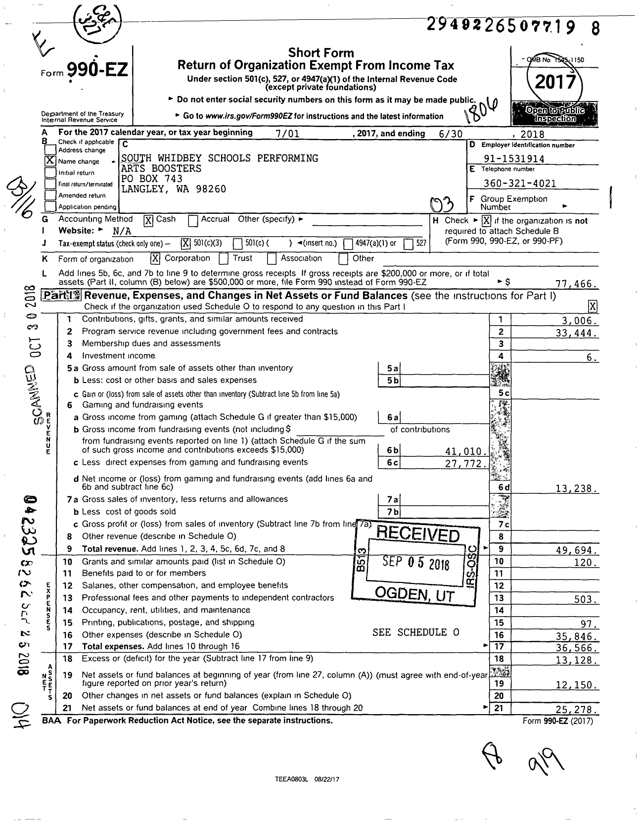 Image of first page of 2017 Form 990EZ for South Whidbey Schools Performing Arts Boosters