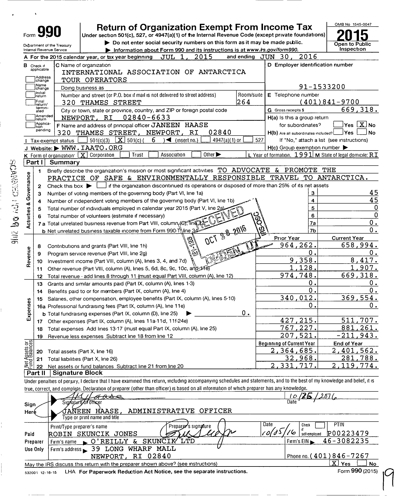 Image of first page of 2015 Form 990O for International Association of Antarctic Tour Operators (IAATO)