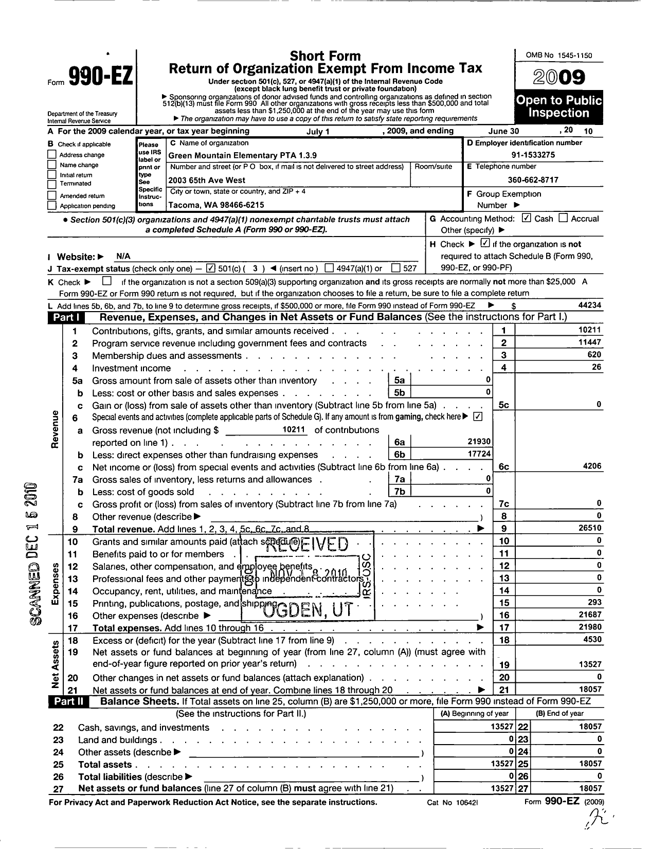 Image of first page of 2009 Form 990EZ for Green Mountain Elementary PTA