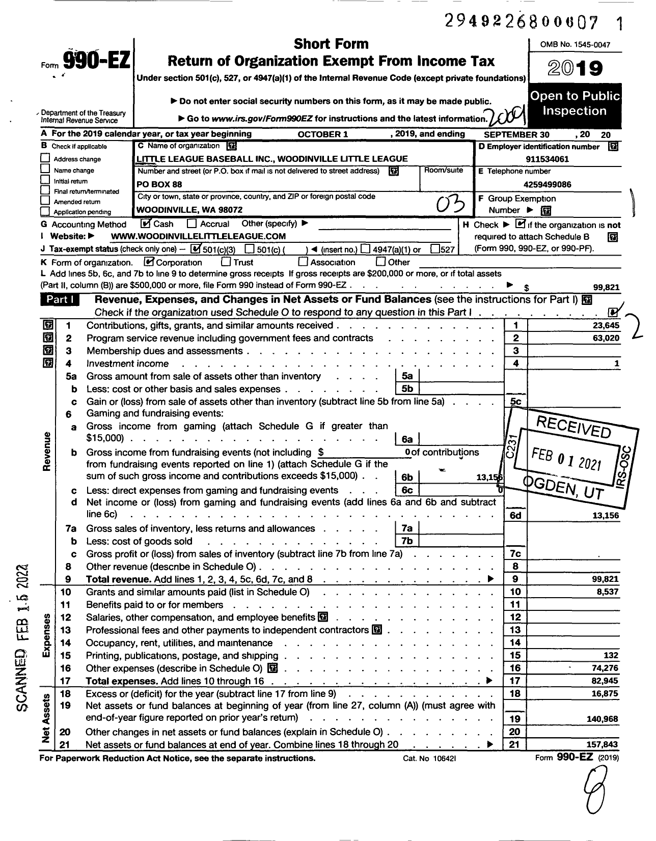 Image of first page of 2019 Form 990EZ for Little League Baseball - 4470809 Woodinville LL