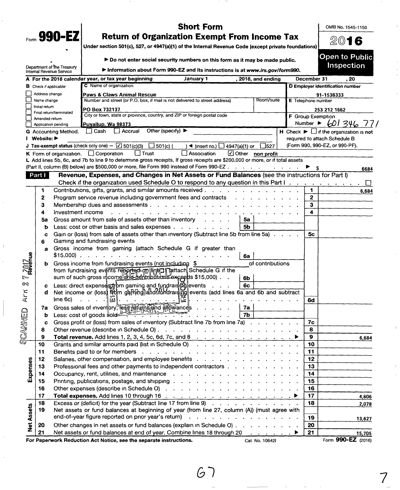 Image of first page of 2016 Form 990EZ for Paws and Claws Animal Rescue