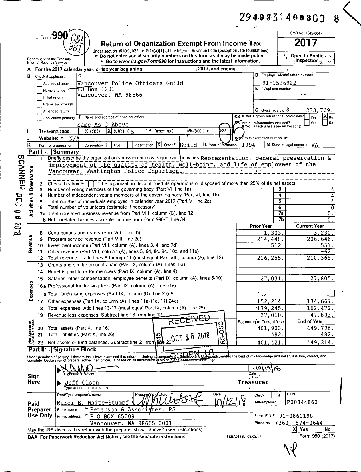 Image of first page of 2017 Form 990O for Vancouver Police Officers Guild