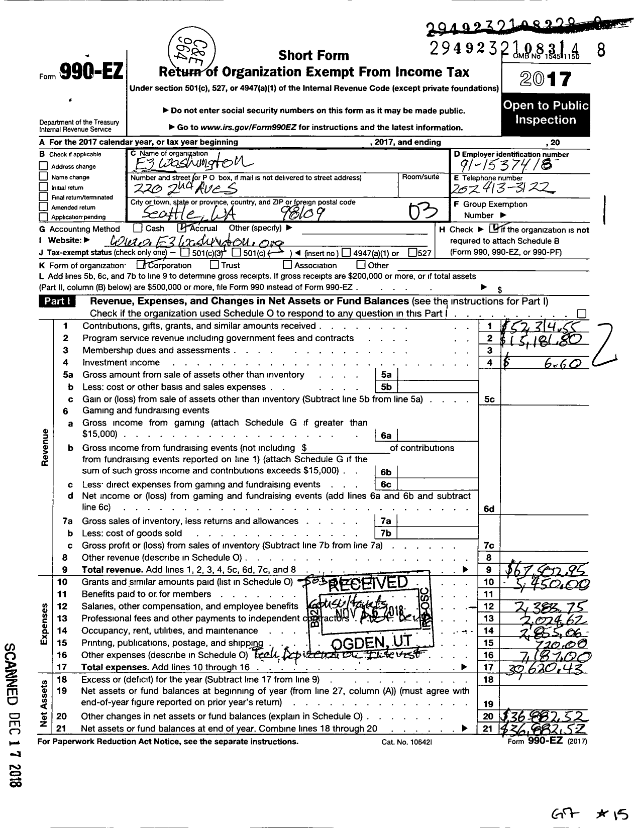 Image of first page of 2017 Form 990EZ for E3 Washington