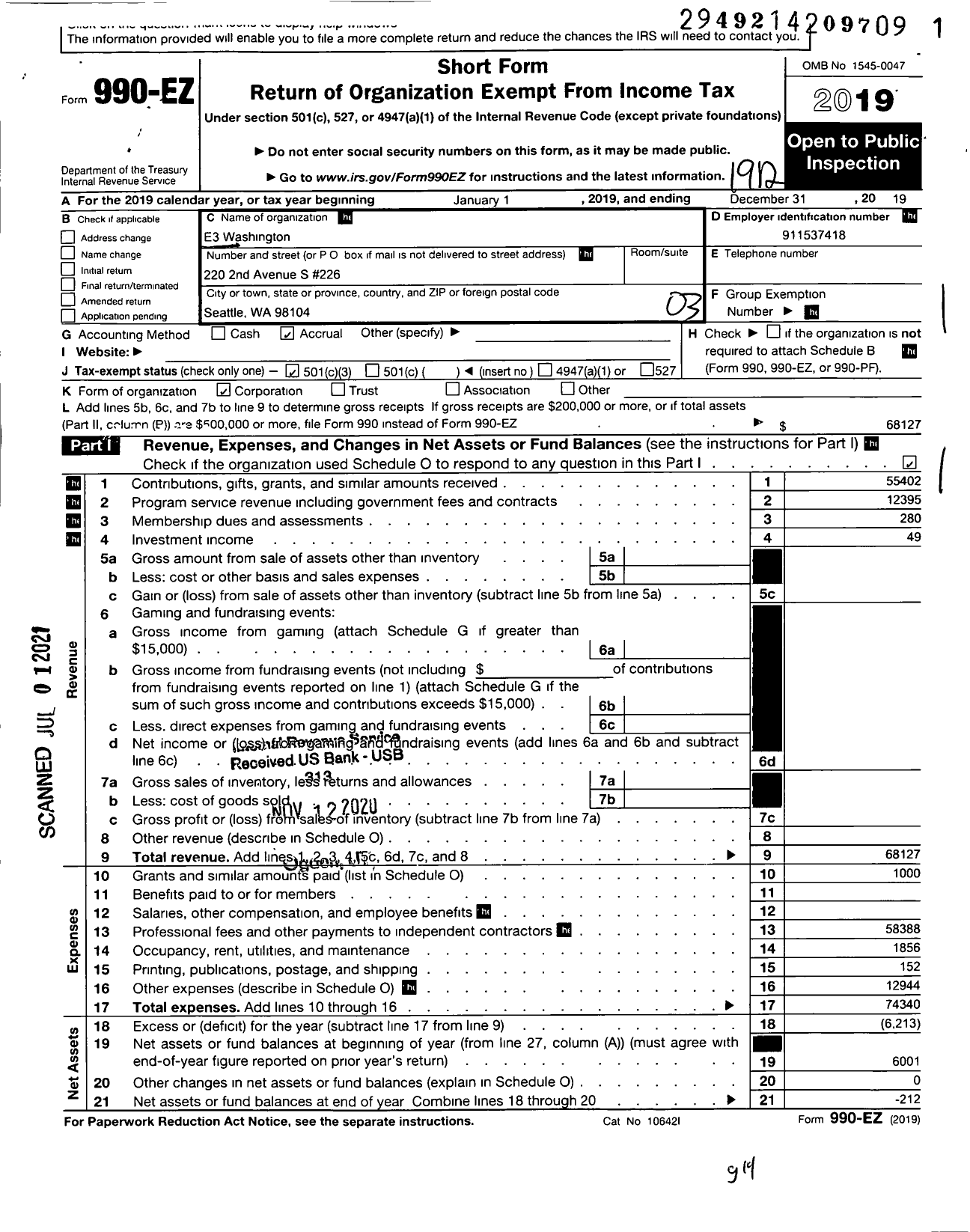 Image of first page of 2019 Form 990EZ for E3 Washington