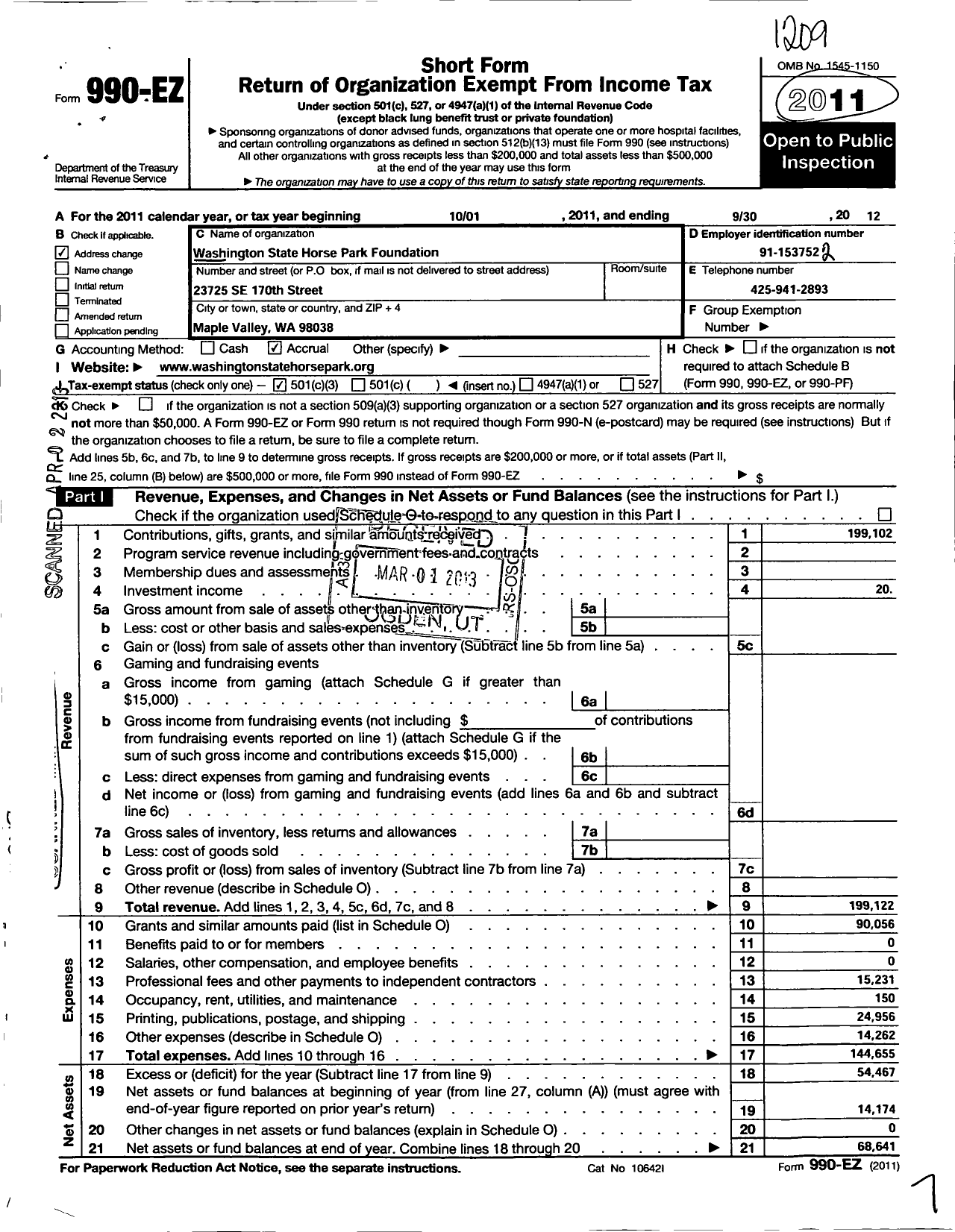 Image of first page of 2011 Form 990EZ for Washington State Horse Park Foundation