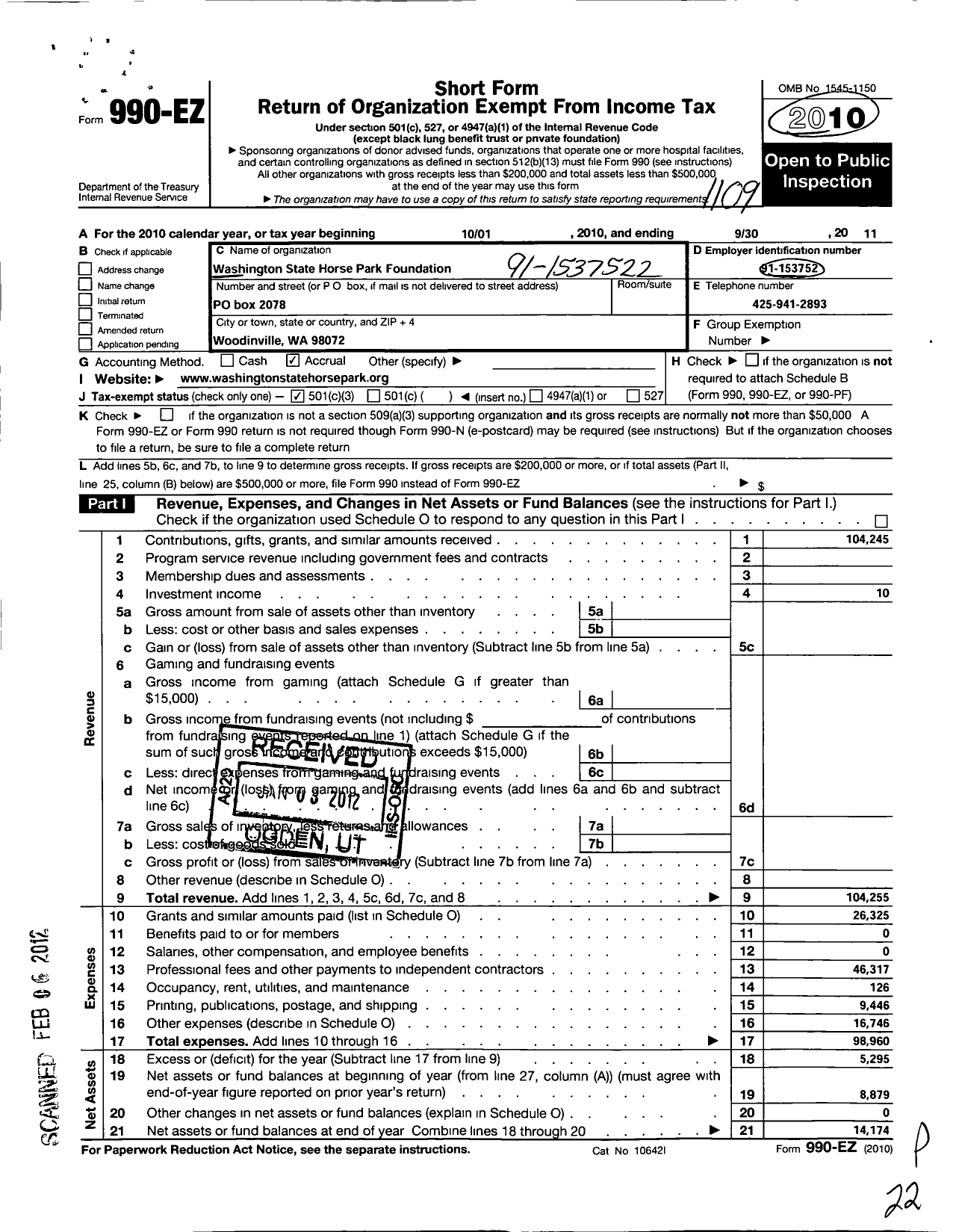 Image of first page of 2010 Form 990EZ for Washington State Horse Park Foundation