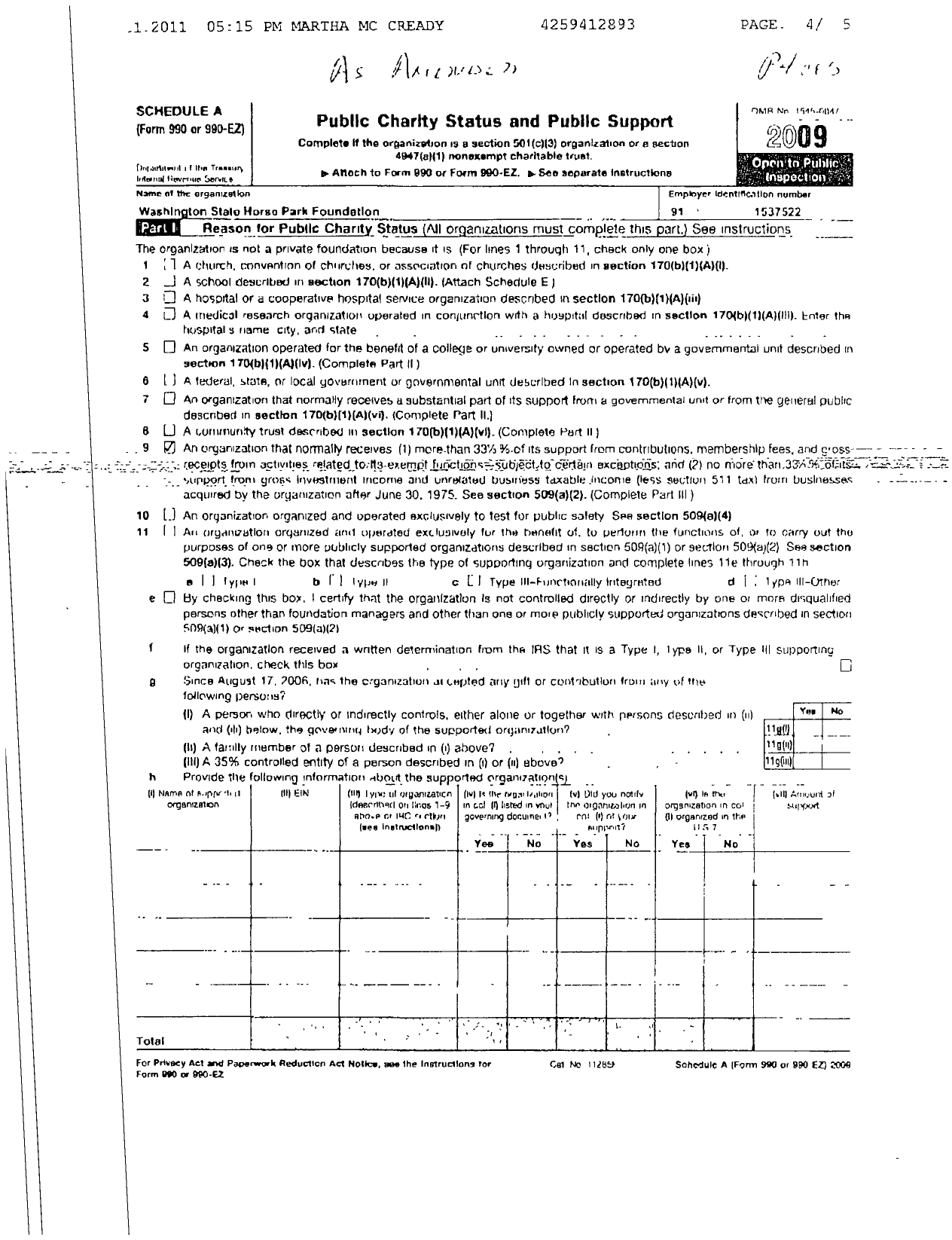 Image of first page of 2009 Form 990ER for Washington State Horse Park Foundation