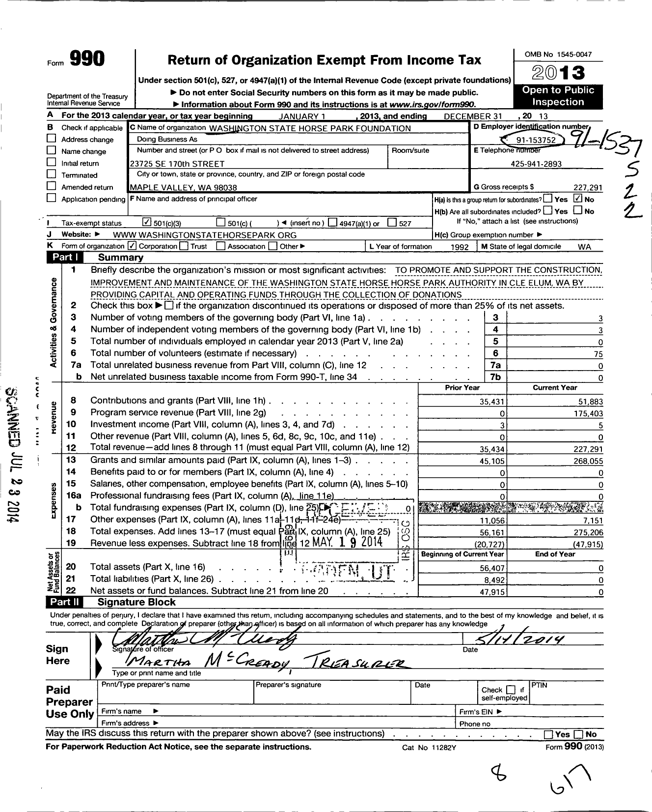 Image of first page of 2013 Form 990 for Washington State Horse Park Foundation